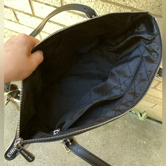 Michael Kors Metallic Silver Monogram Mirror Zipper Top Ciara Tote Bag Purse - Picture 15 of 17